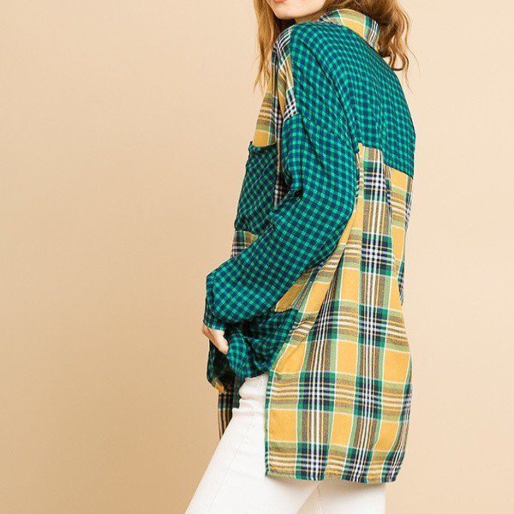 Plaid And Checkered Print Long Roll Up Sleeve Top